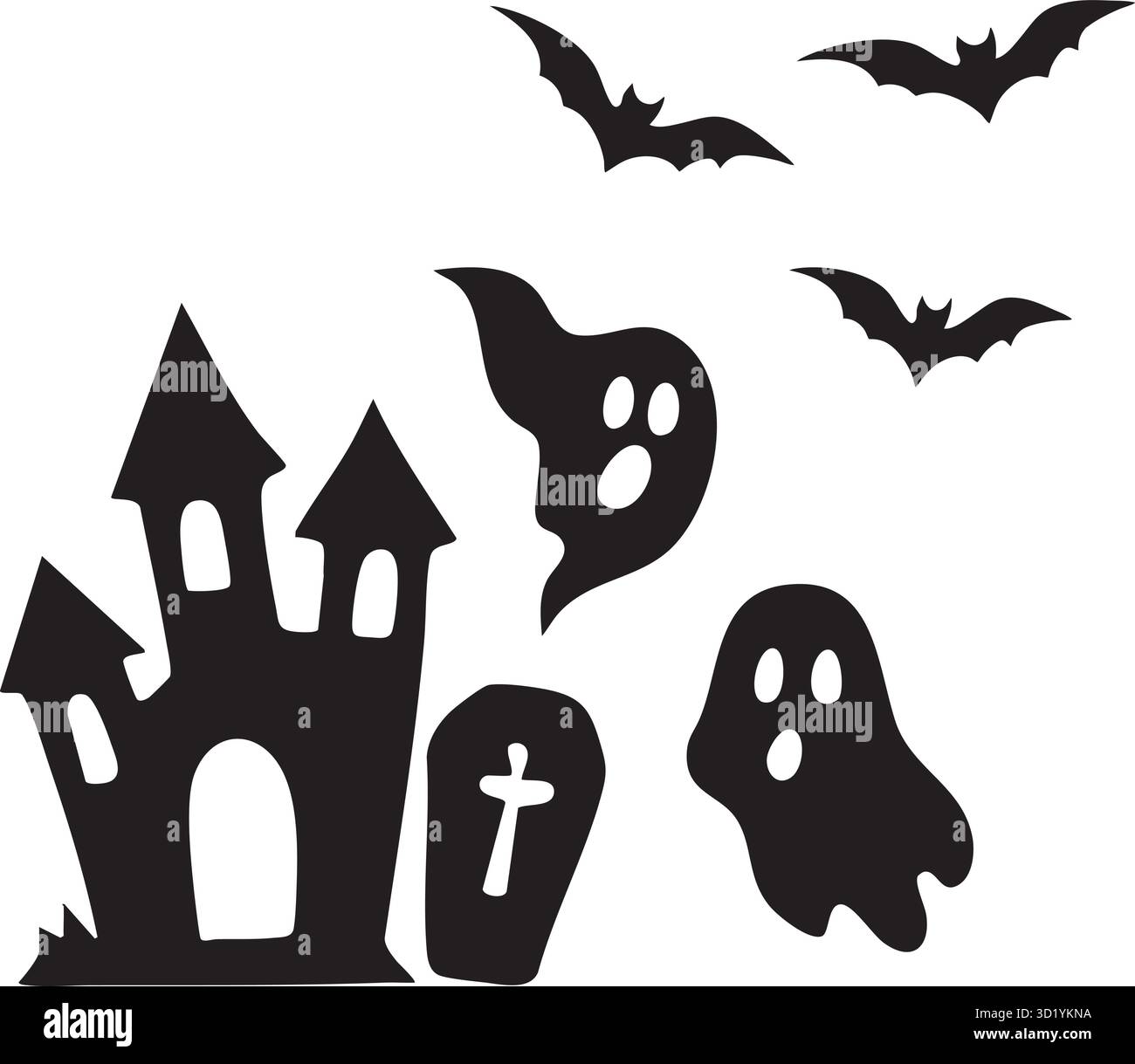 Halloween Spooky silhouette con castello infestato, fantasmi, lapide e Flying Bats Vector Illustrazione Vettoriale
