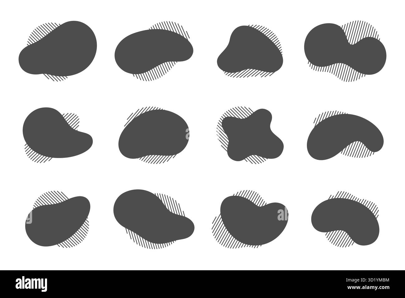 Forme astratte di liquido nero sovrappongono motivi a strisce. Forme fluide dinamiche piatte con trame lineari. Figure moderne e minimaliste contorni fluenti, modelli di varie dimensioni che creano un ritmo visivo sul bianco Illustrazione Vettoriale