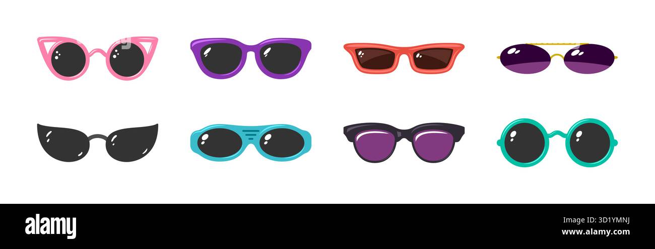 Elegante set di occhiali da sole in stile cartoni animati. Nuance di varie forme e colori occhiali moderni, occhiali da vista con montature vintage. Occhiali con lenti scure e riflessi. Occhiali colorati, occhiali di protezione per l'estate Illustrazione Vettoriale