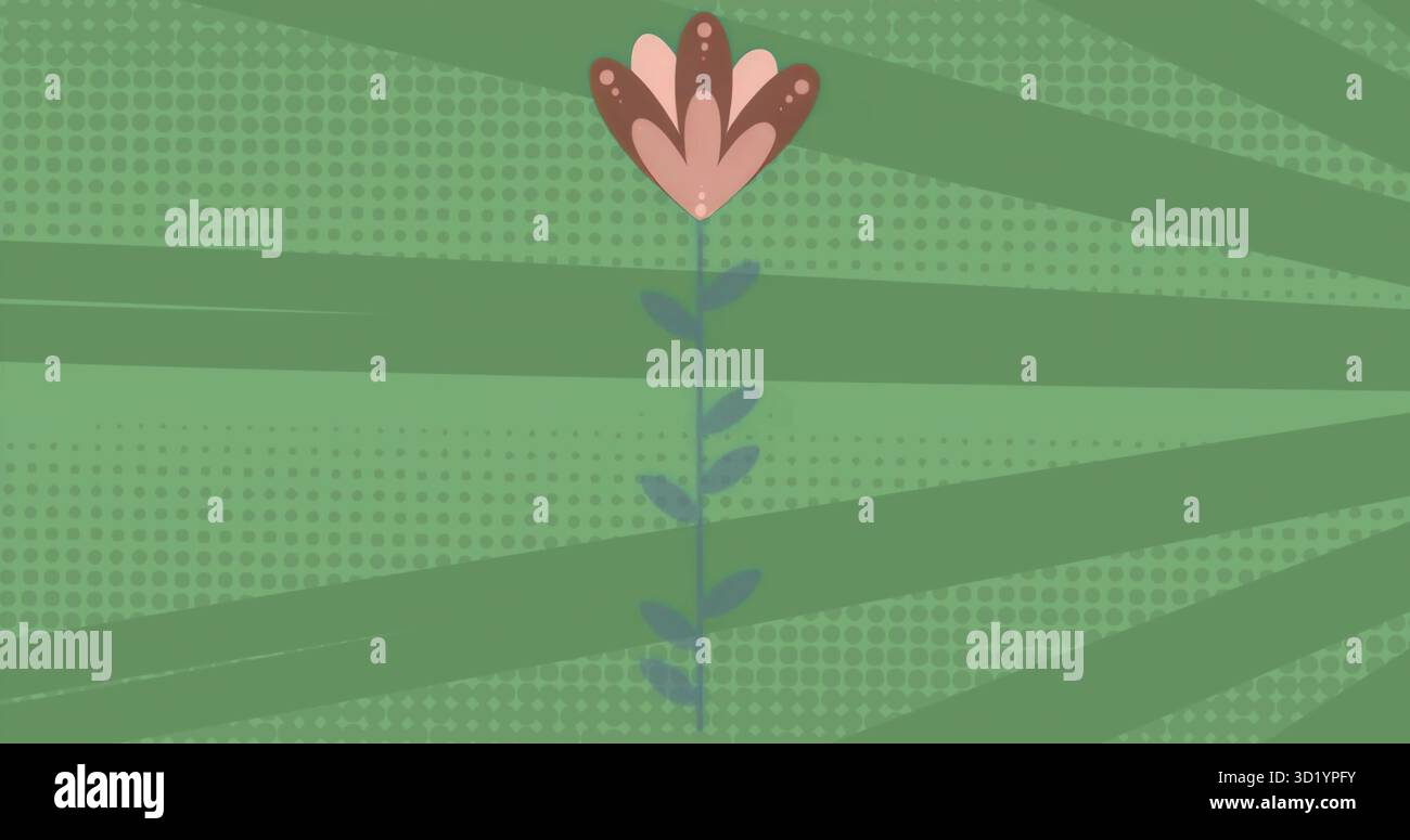 Fiore stilizzato con petali rosa e marrone su gambo frondoso in uno sfondo verde astratto Foto Stock