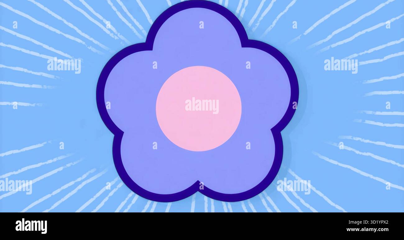 Mostra un fiore stilizzato a cinque petali con centro rosa su un campo azzurro con striature radiali Foto Stock