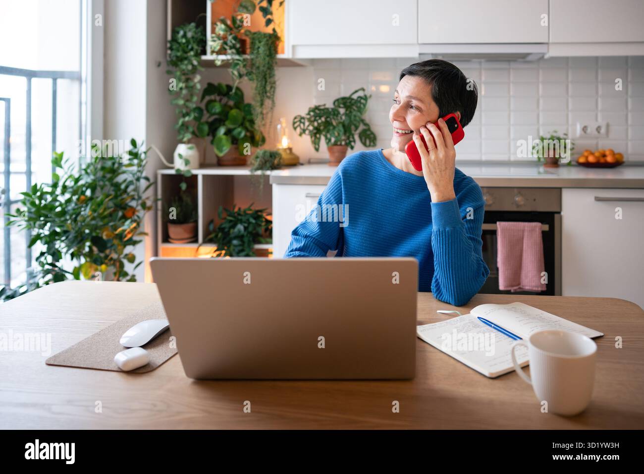 Una donna matura sorridente ama le chiamate tramite smartphone mentre mette in pausa gli studi online sul laptop. elearning remoto Foto Stock