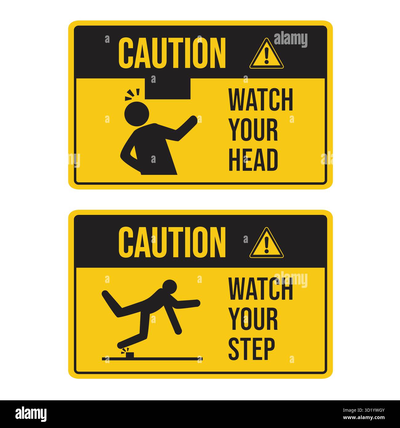 Cartellonistica di attenzione che avvisa le persone di potenziali pericoli: "Attenzione alla testa" e "attenzione al passo". Illustrazione Vettoriale