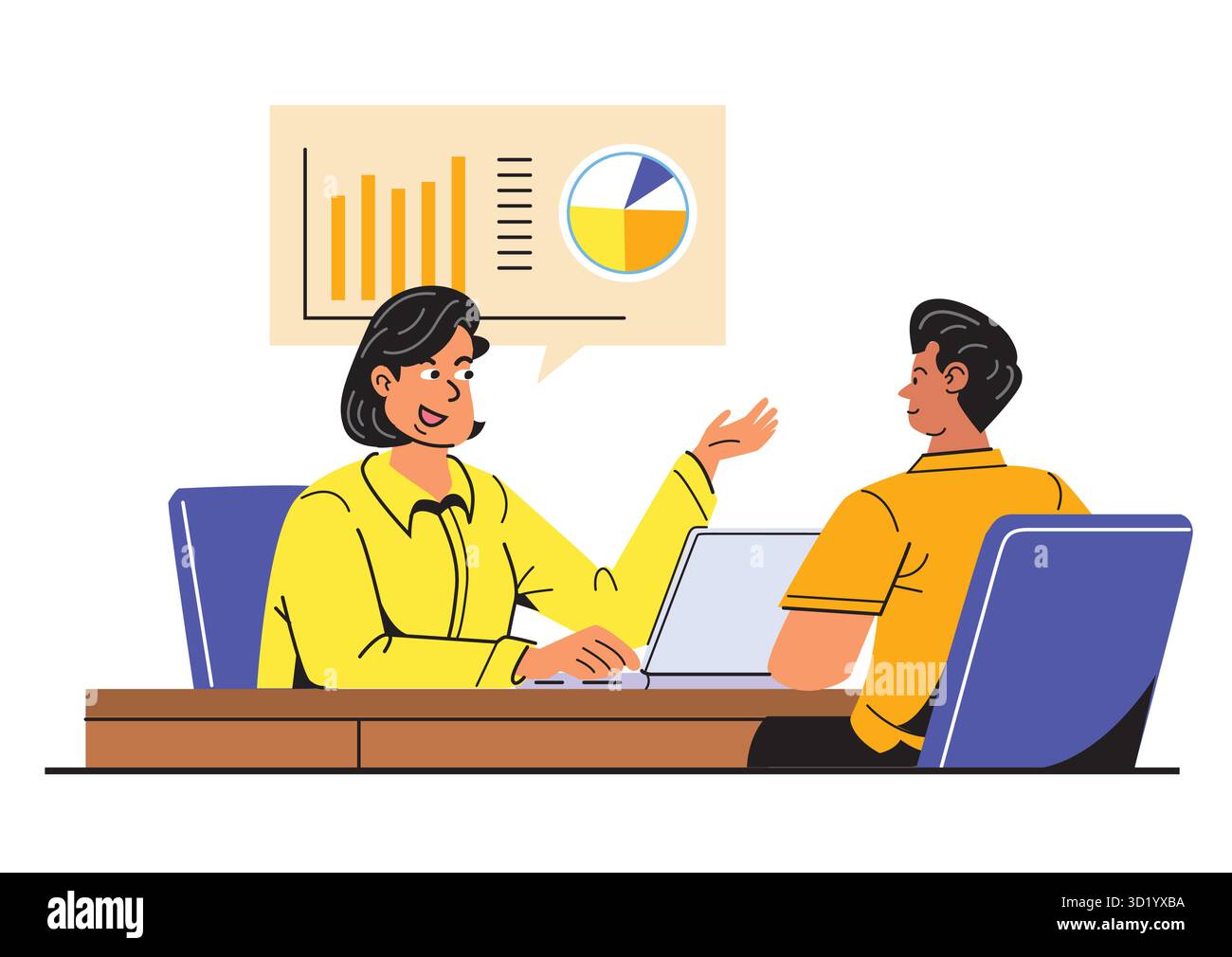 Donna professionista che presenta i dati di analisi a un collega durante una riunione di lavoro, evidenziando le statistiche chiave e gli ausili visivi per un disco efficace Illustrazione Vettoriale