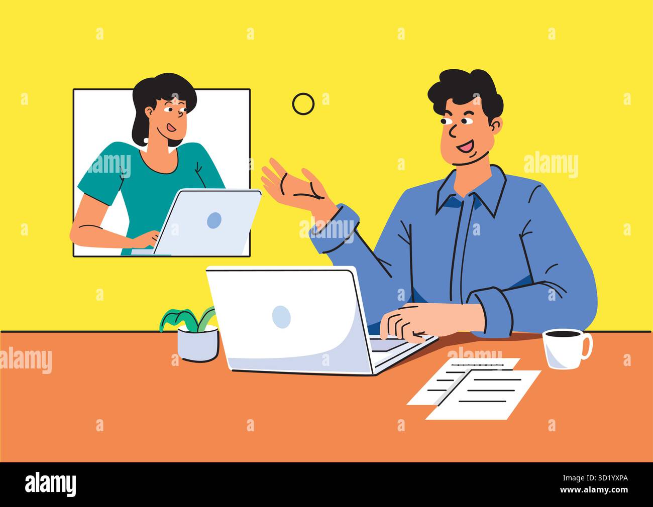 Coinvolgente incontro virtuale tra colleghi con uno che presenta idee mentre l'altro ascolta attentamente Illustrazione Vettoriale