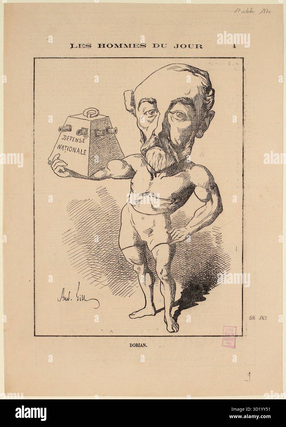Illustrazione caricatura intitolata Les Hommes du Jour: Dorian, creata da André Gill nel 1870. L'opera raffigura satiricamente Pierre Dorian, politico francese e ministro dei lavori pubblici, con un peso etichettato Défense Nationale. Pubblicato in Francia, ottobre 1870. Foto Stock