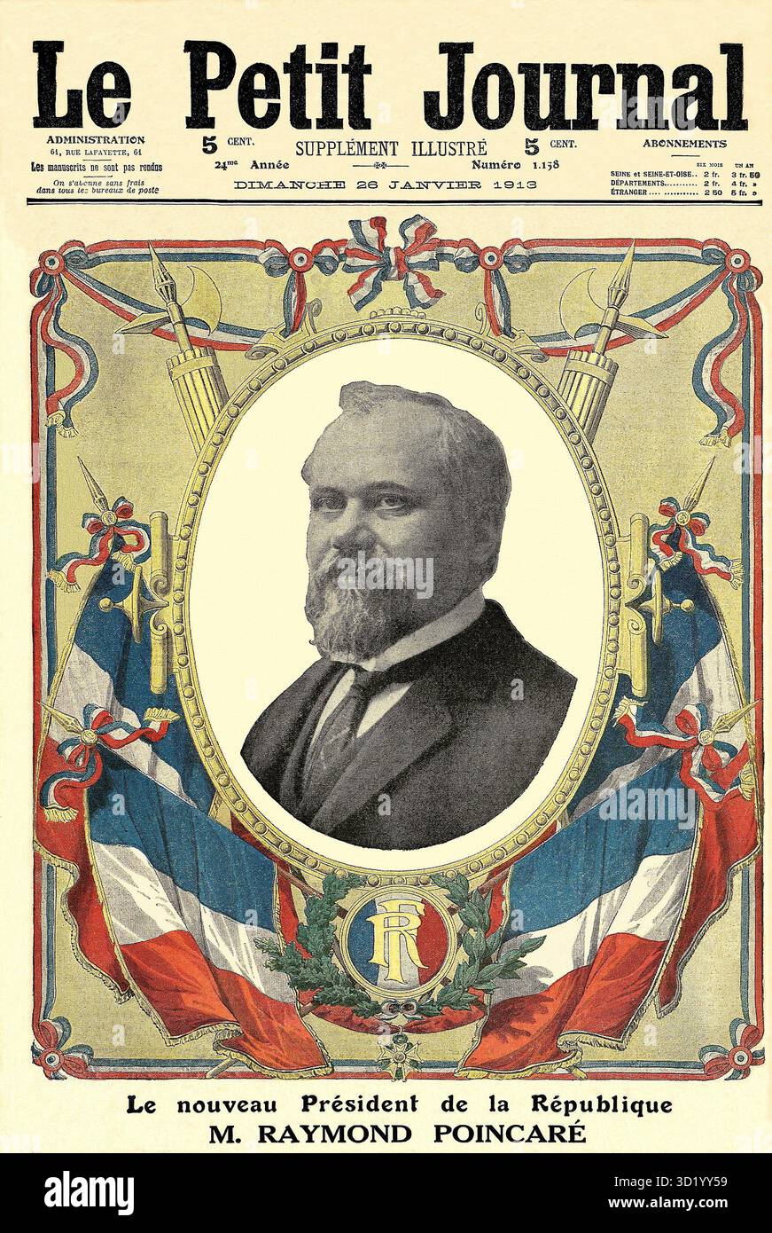 Illustrazione storica d'epoca che mostra la prima pagina del le Petit Journal, datato 26 gennaio 1913, con Raymond Poincaré come nuovo presidente della Repubblica francese. La copertina celebra la sua inaugurazione con immagini patriottiche e i colori nazionali francesi. Foto Stock