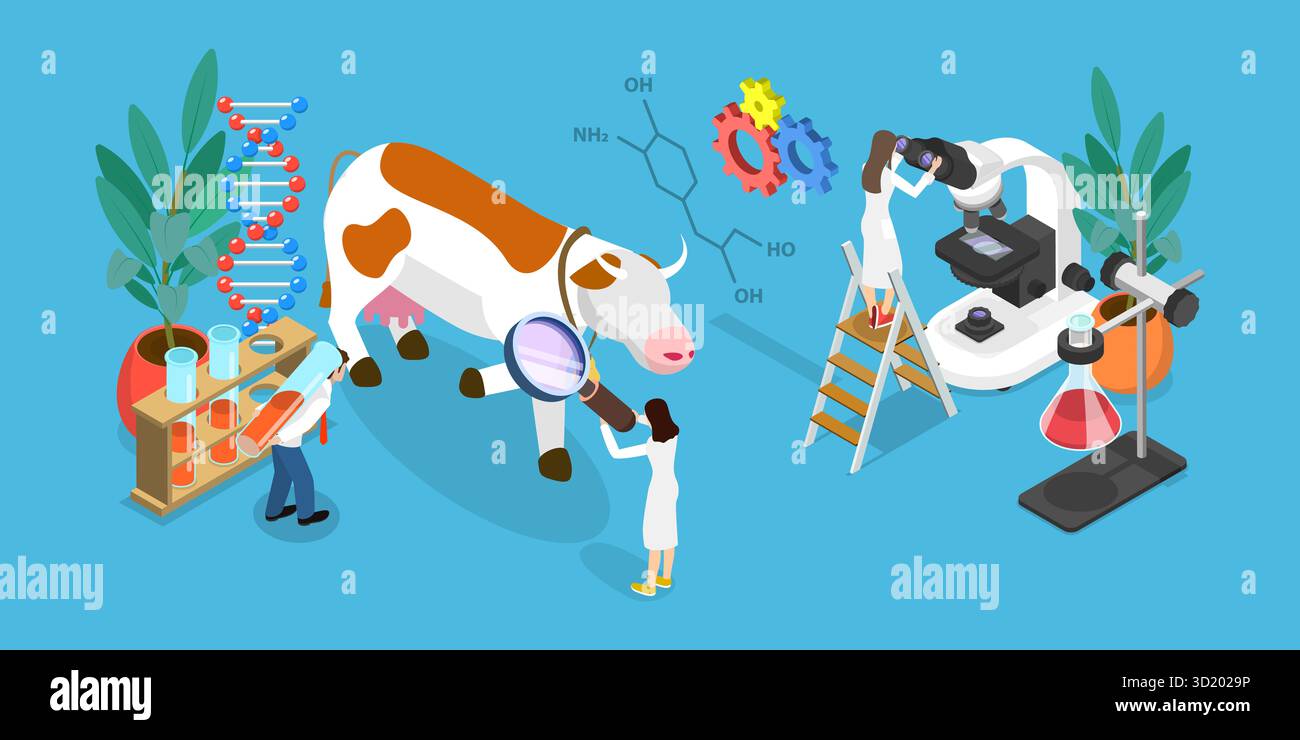 Illustrazione piatta isometrica 3D di animali geneticamente modificati, Gene Technology, Bioingegneria illustrazione piatta isometrica 3D. Foto Stock