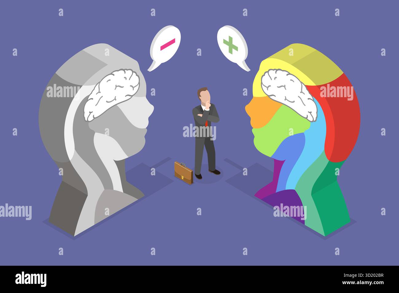 Illustrazione piatta isometrica 3D di pensiero positivo e negativo, atteggiamento buono o cattivo illustrazione piatta isometrica 3D di Posit Foto Stock