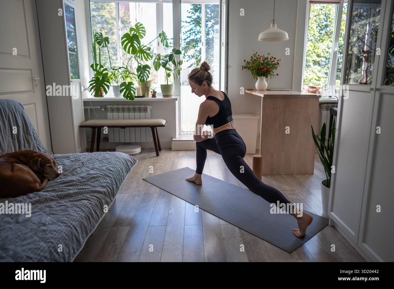 Donna attiva in posa affondata che si allunga a casa al mattino. Il cane dorme sul divano nelle vicinanze. Sport salutari Foto Stock
