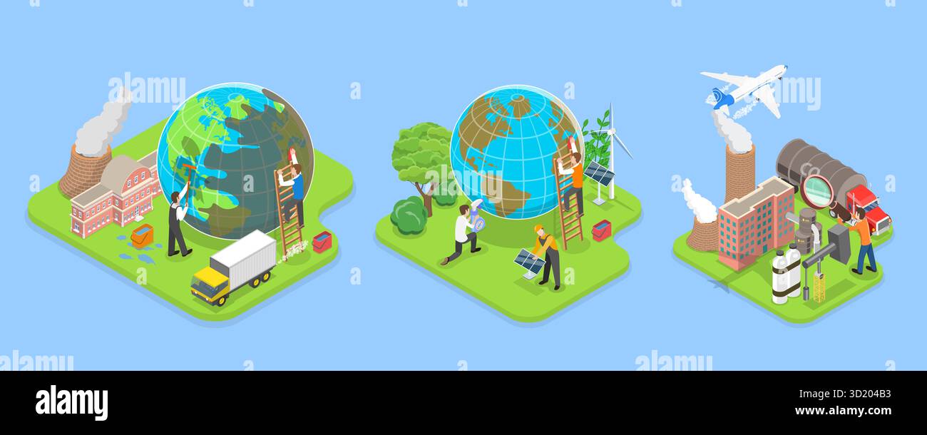 Illustrazione piatta isometrica 3D di Carbon Footprint Reduction , Net Zero Emissions e Carbon diossido di carbonio Neutral Balance 3D Isometr Foto Stock