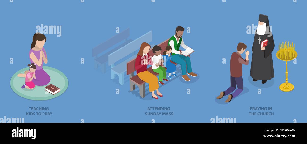 Illustrazione piatta isometrica 3D dei rituali cristiani, fede nella potenza superiore illustrazione piatta isometrica 3D della Rit cristiana Foto Stock