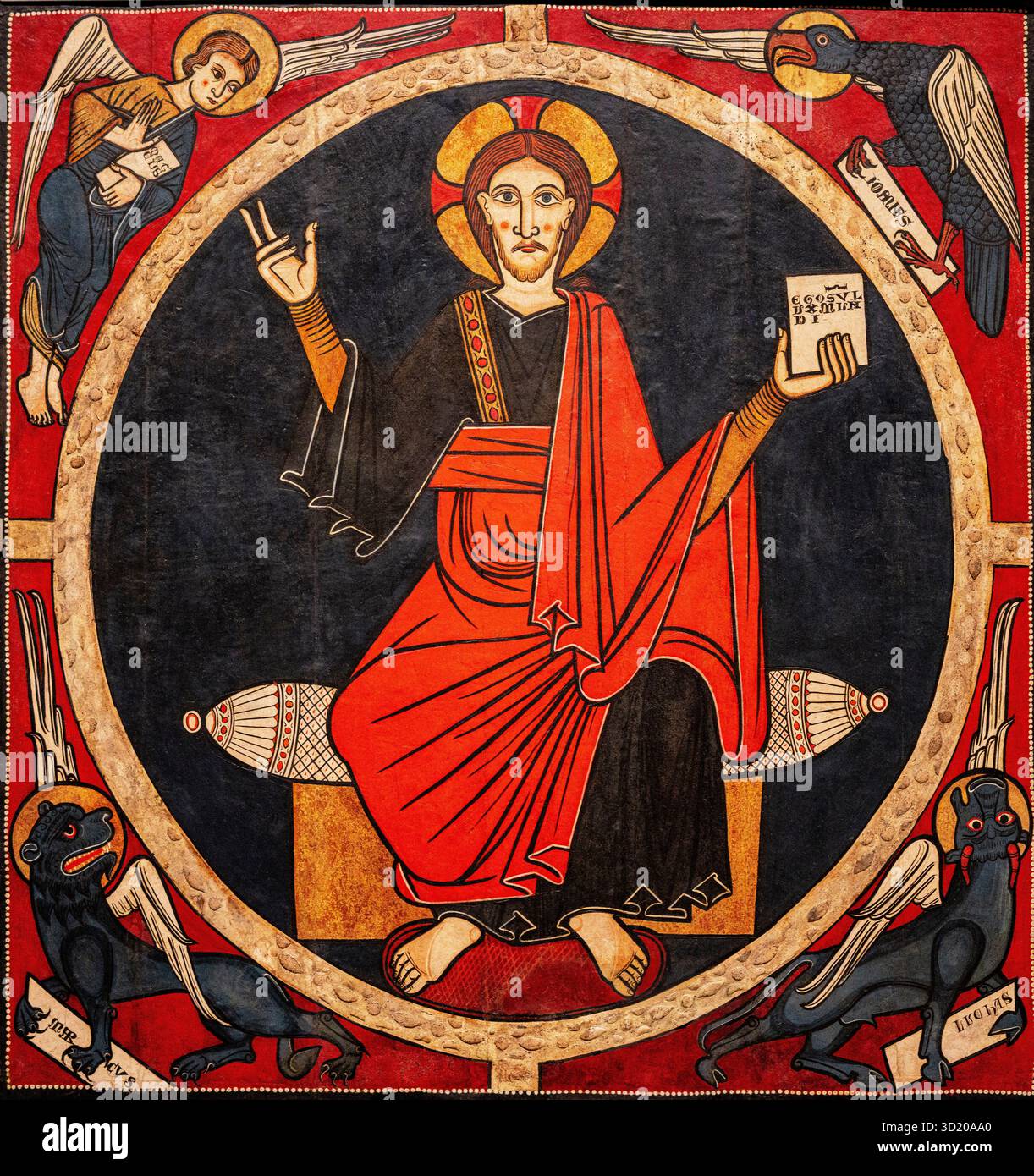 Tost Canopy, 1220, tempera, rilievi in stucco e resti di foglie metalliche rosse su legno, chiesa romanica di Sant Martí de Tost, Foto Stock