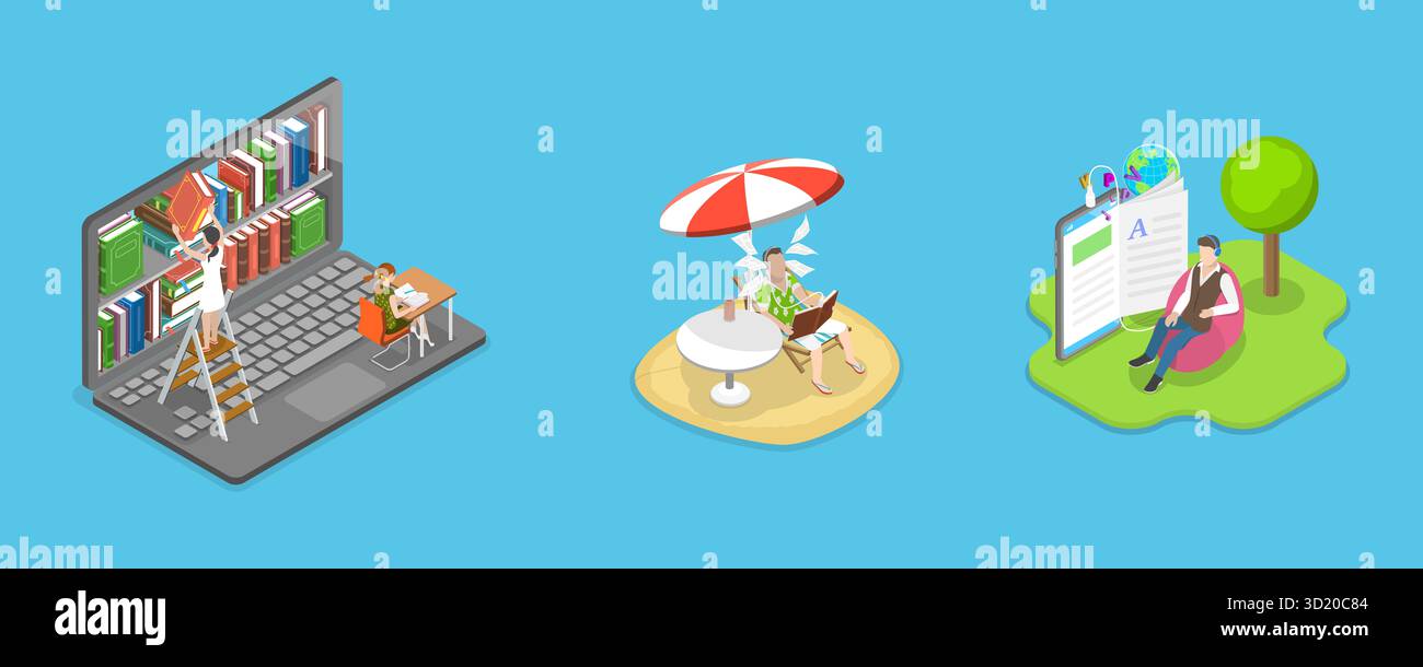 Illustrazione piatta isometrica 3D della libreria elettronica, illustrazione piatta isometrica 3D online della libreria elettronica, Foto Stock