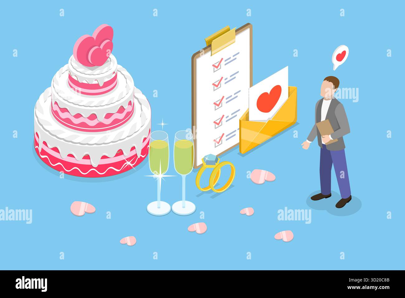 Illustrazione piatta isometrica 3D dell'organizzazione della cerimonia di matrimonio, pianificazione degli eventi illustrazione piatta isometrica 3D del matrimonio CE Foto Stock