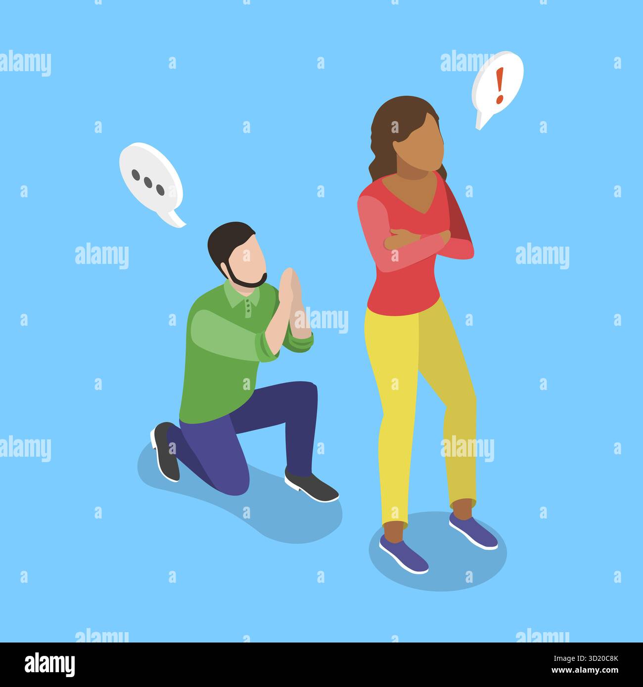 Illustrazione piatta isometrica 3D dei problemi di relazione, Un uomo che inizia una ragazza circa una seconda possibilità 3D Isometric Flat Illustrat Foto Stock