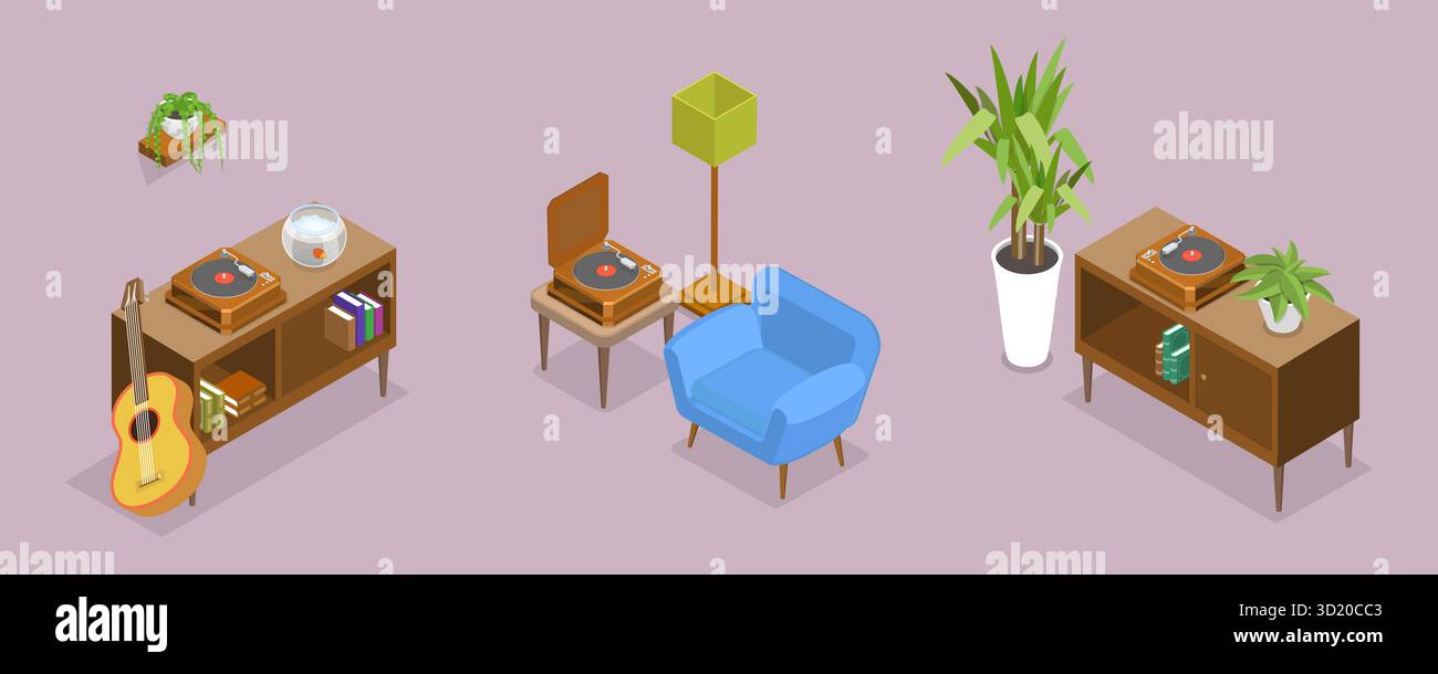 Illustrazione piatta isometrica 3D dell'appartamento in stile retro, accogliente casa illustrazione piatta isometrica 3D dell'appartamento in stile retro, Co Foto Stock