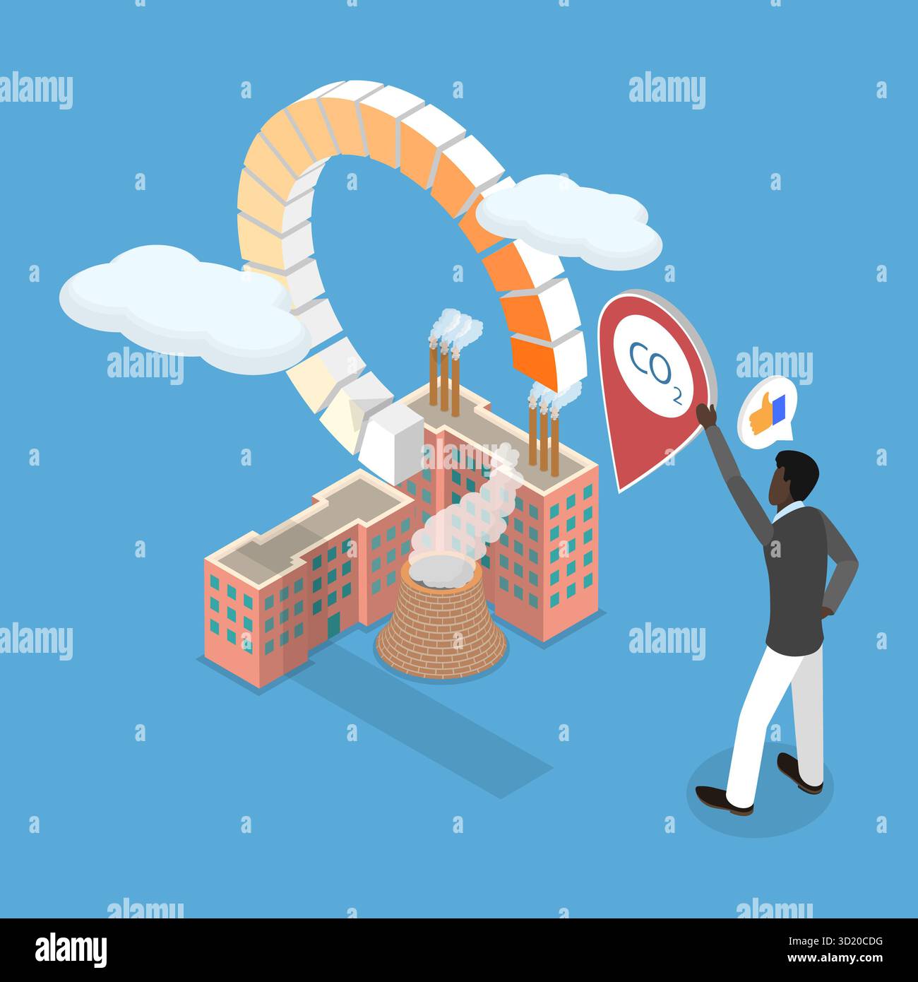 Illustrazione piatta isometrica 3D del controllo delle emissioni di anidride carbonica, riduzione del livello di CO2 illustrazione piatta isometrica 3D del carbonio Foto Stock