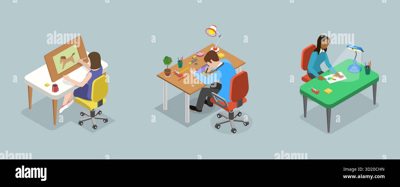 Illustrazione piatta isometrica 3D dei progettisti al lavoro, Professional Visual Artists illustrazione piatta isometrica 3D dei progettisti A. Foto Stock