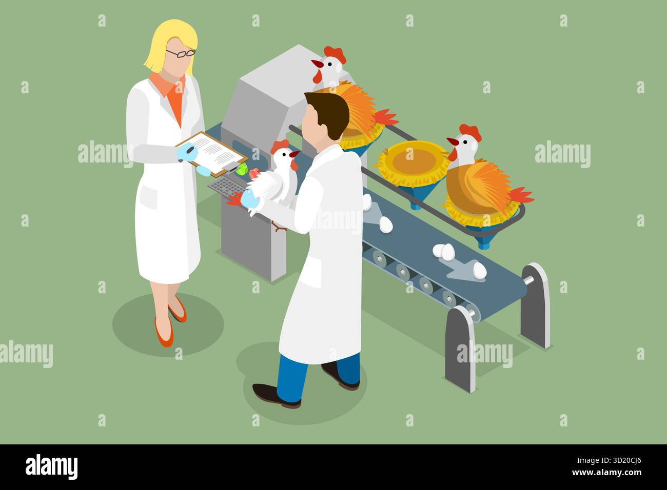 Illustrazione piatta isometrica 3D di Poultry Farm Food Industry, Organic Eggs Production Line illustrazione piatta isometrica 3D di P. Foto Stock