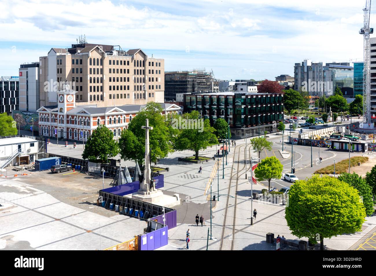 Vista aerea della piazza della cattedrale dalla terrazza della biblioteca Tūranga, Christchurch Central City, Christchurch (Ōtautahi), Canterbury Region, nuova Zelanda Foto Stock