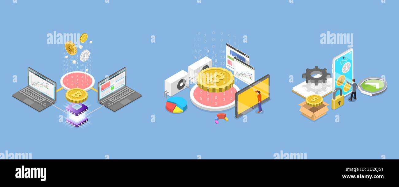 Illustrazione piatta isometrica 3D di Cryptocurrency Marketplace, Digital Money Mining, Smart Wallet e Blockchain3D Isometric FLA Foto Stock