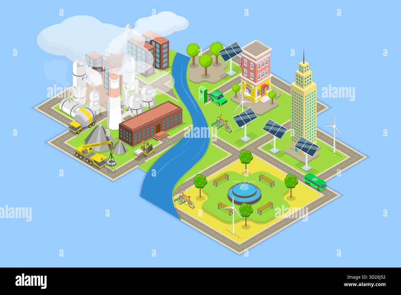 Illustrazione piatta isometrica 3D di sostenibilità vs. Inquinamento, cambiamenti climatici Awareness3D illustrazione piatta isometrica di Susta Foto Stock