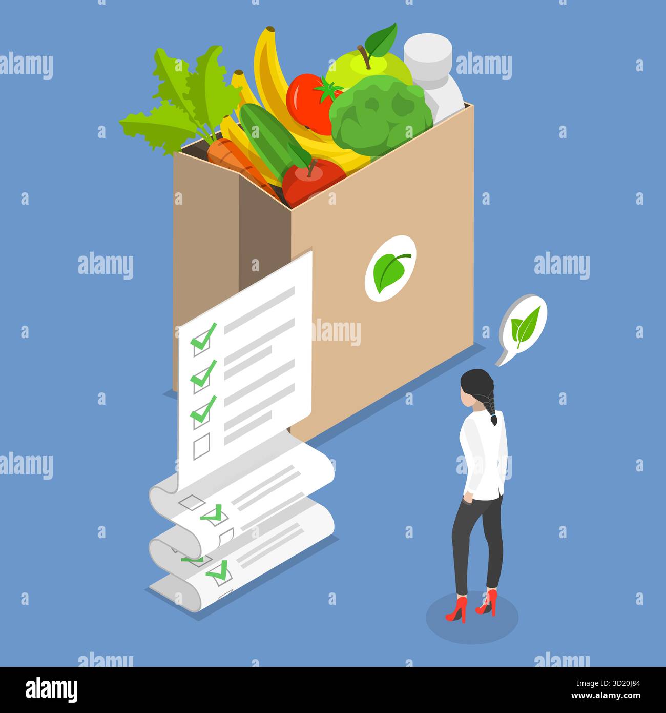 Illustrazione piatta isometrica 3D di mangiare sano a prezzi accessibili, bilancio della spesa 3D illustrazione piatta isometrica di salute a prezzi accessibili Foto Stock