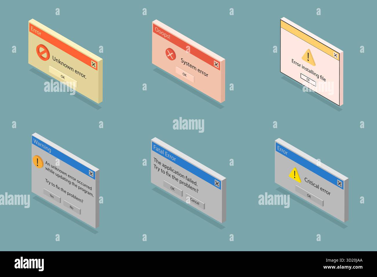 Set piatto isometrico 3D di messaggi di errore retro, ritorno all'interfaccia 90S. Una nostalgica esperienza utente retro.3D Isometrico F Foto Stock