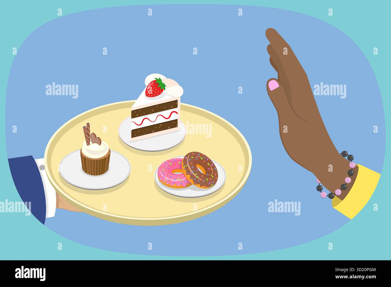 Illustrazione piatta isometrica 3D di smettere di mangiare cibo malsano, rifiuto di dolcetti spazzatura Foto Stock