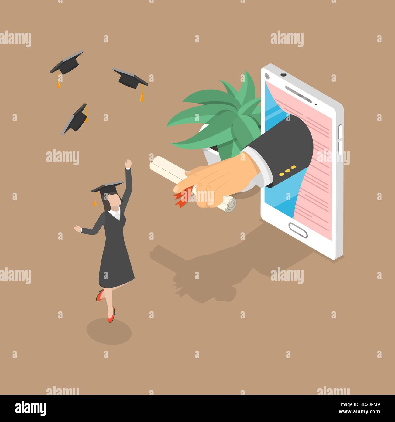 Illustrazione piatta isometrica 3D della cerimonia di laurea virtuale , certificato di apprendimento digitale Foto Stock