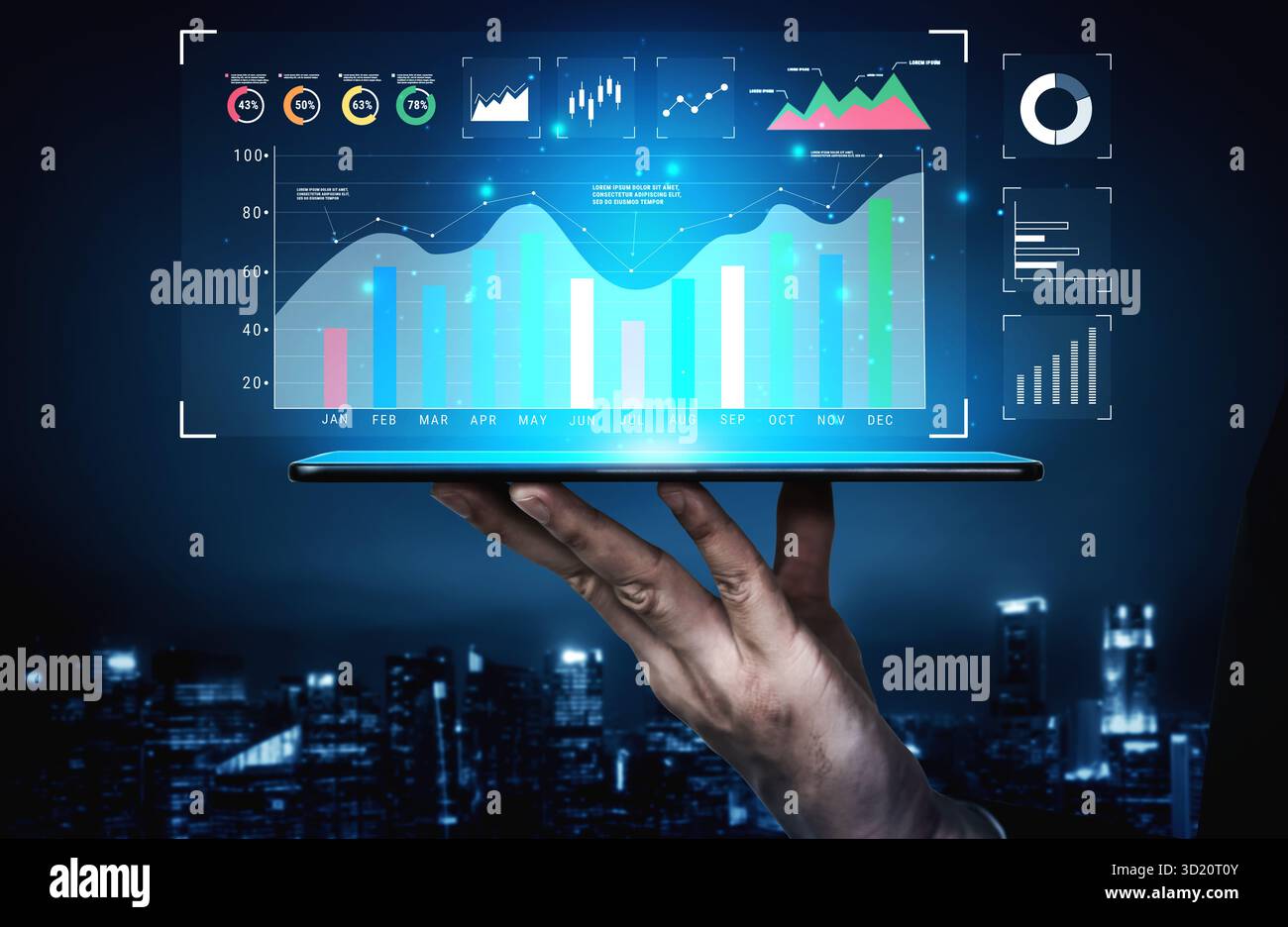 Un dashboard per l'analisi dei dati aziendali e il monitoraggio delle prestazioni. Una raccolta di grafici e grafici per la revisione strategica e la valutazione aziendale. Motivo Foto Stock