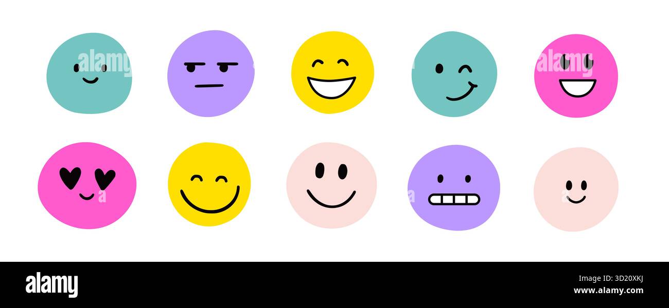 Set di adesivi con icona emoji per il sorriso del viso. Simpatico ragazzo doodle disegnato a mano divertente viso emoji sorriso, felice, triste adesivo. Divertente cartone animato emoticon cuore, stella, forma di fiore con gli occhi. Illustrazione vettoriale Illustrazione Vettoriale