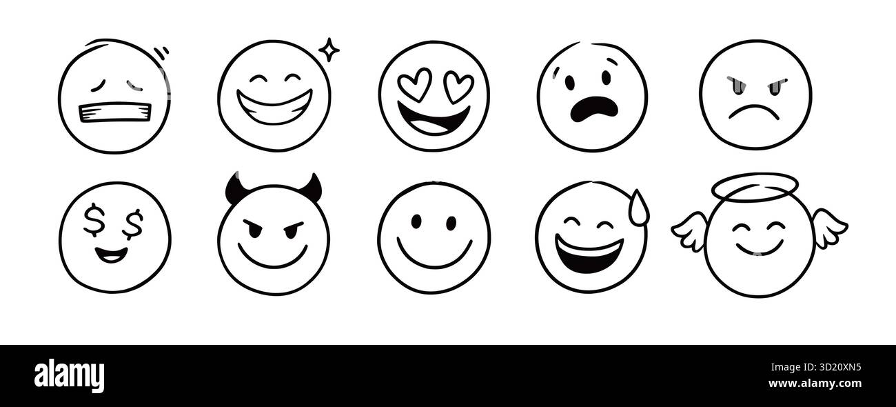 Set di icone emoji viso. Disegnato a mano stile boodle sketch Happy, arrabbiato, triste sfondo emoticon del viso. Simpatici personaggi dei cartoni animati sorridono, strizzano, baciano emoji. Elemento emozionale linea carina. Illustrazione vettoriale Illustrazione Vettoriale