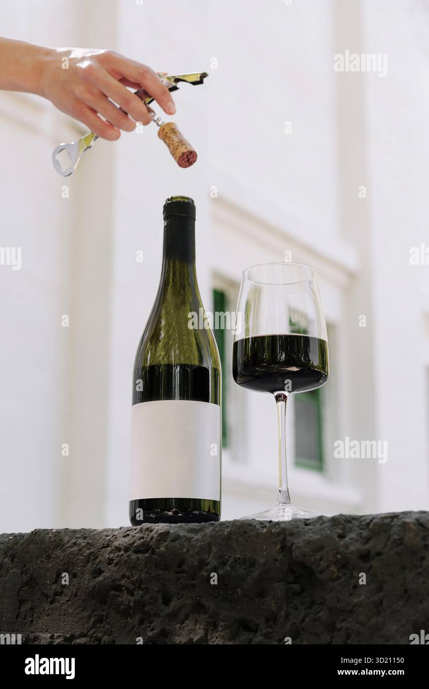 Aprire una bottiglia di vino con un cavatappi vicino a un bicchiere di vino rosso in un giardino luminoso Foto Stock