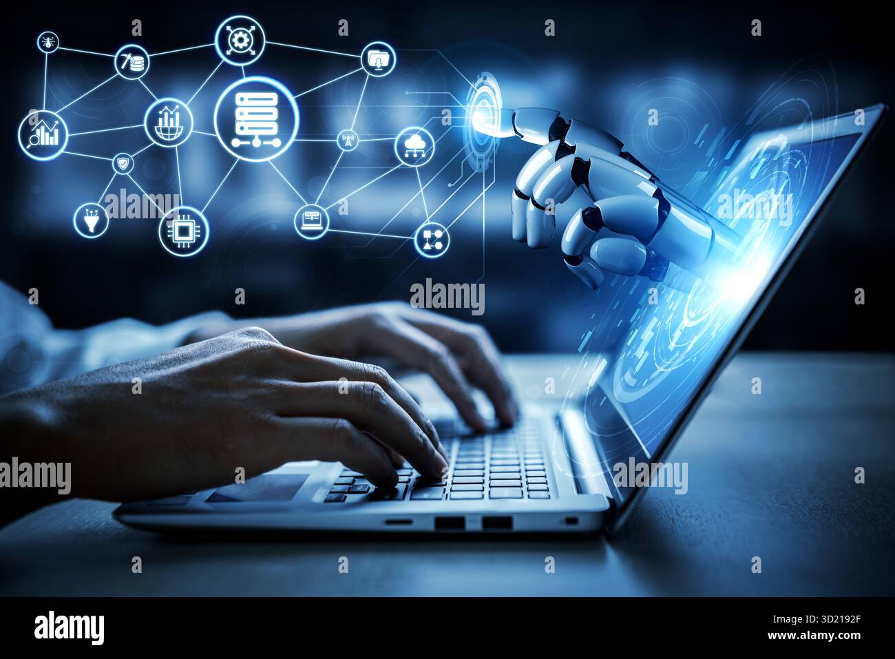 L'intelligenza artificiale interagisce con le piattaforme di big data per analizzare, elaborare e ottimizzare massicci set di dati per un migliore processo decisionale. Attira Foto Stock