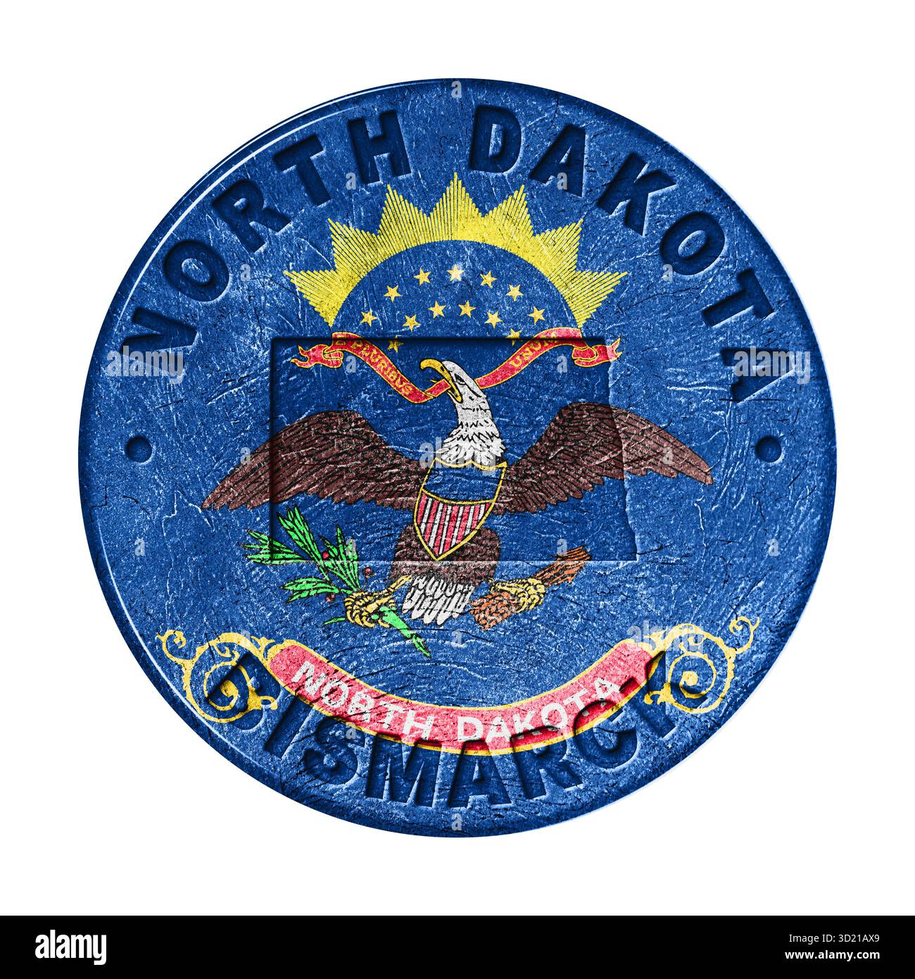 Pulsante bandiera del North Dakota con mappa Foto Stock