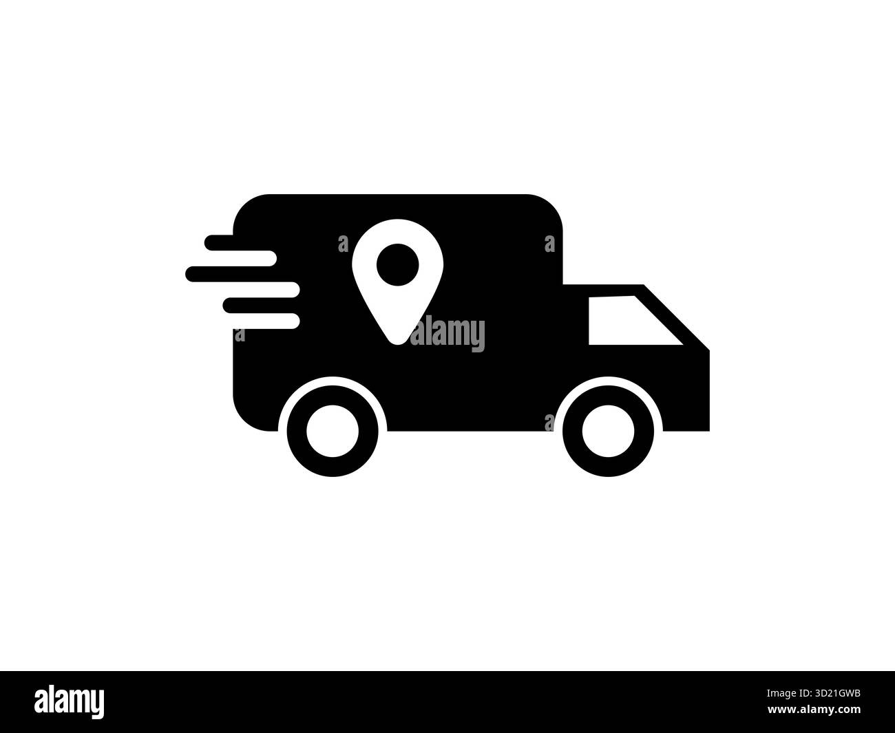 Vettore di camion per consegne rapide con icona di posizione isolata sul bianco, perfetto per la logistica del trasporto espresso Illustrazione Vettoriale