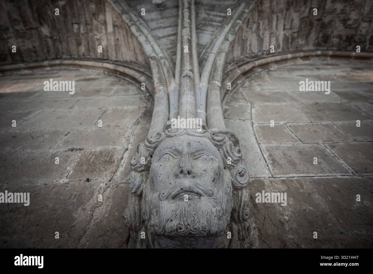 Atlante e volti umani dei mensole, chiostro del monastero reale di Santa María de Veruela, abbazia cistercense del XII secolo, Ver Foto Stock