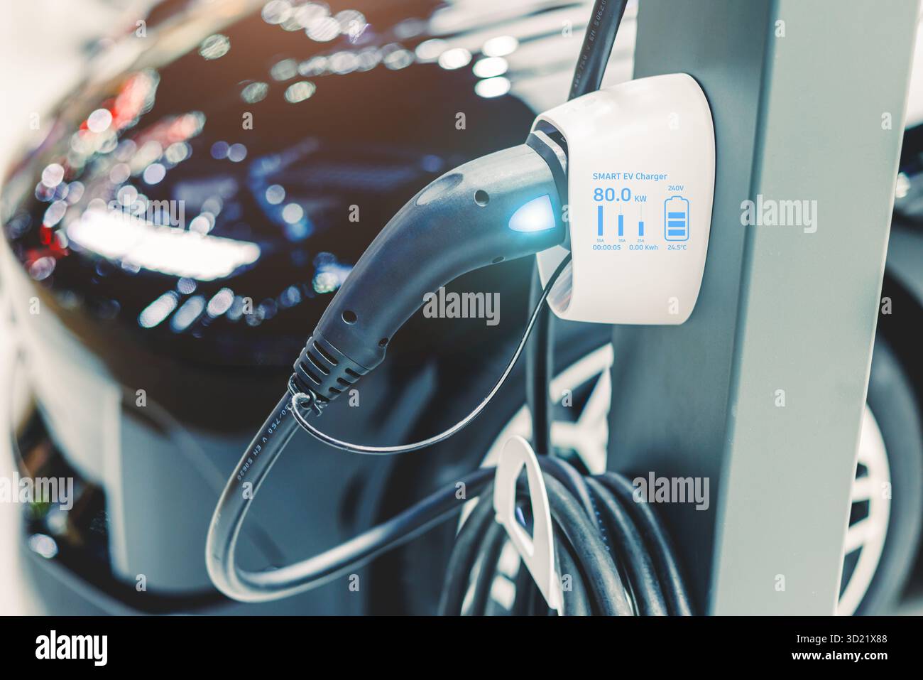 Caricabatteria per auto EV intelligente, presa di corrente di ricarica per la carica del veicolo elettrico con monitoraggio dello stato di alimentazione del display delle informazioni Foto Stock