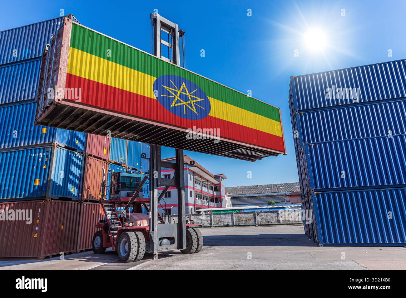 Prodotti che spediscono merci con bandiera dell'Etiopia per attività di importazione e esportazione dal paese di Gibuti Etiopia Foto Stock