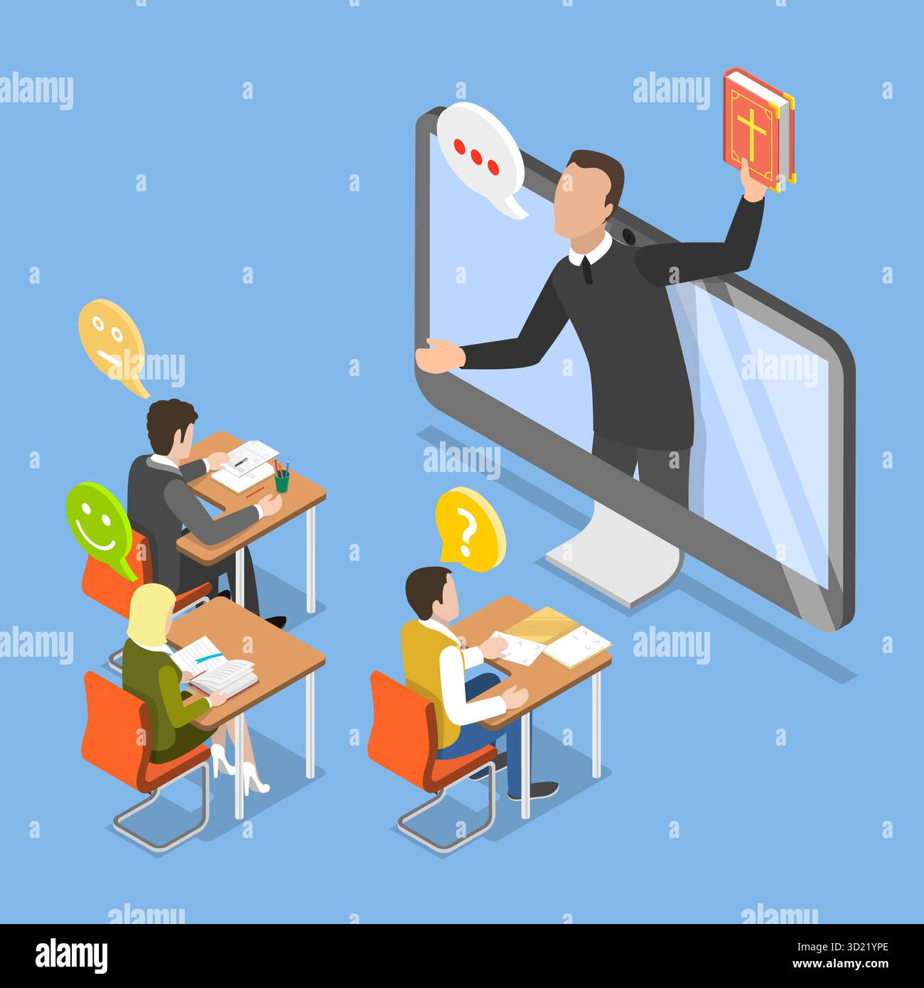 Illustrazione piatta isometrica 3D di lezioni religiose online, insegnamento divino, credenza religiosa Foto Stock