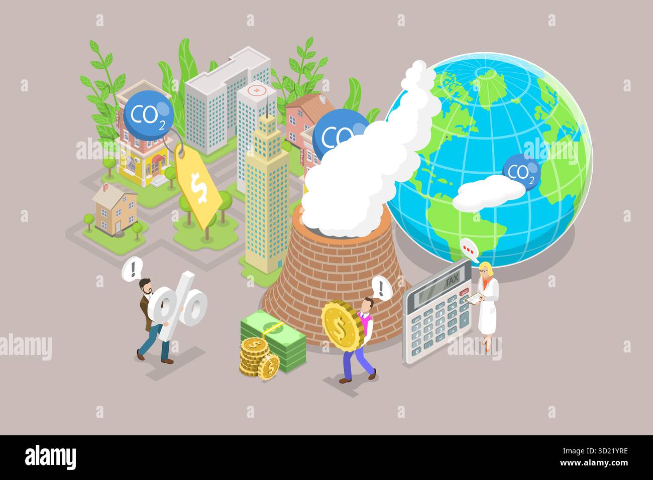 Illustrazione piatta isometrica 3D di Carbon Tax, basso inquinamento atmosferico e responsabilità ambientale Foto Stock
