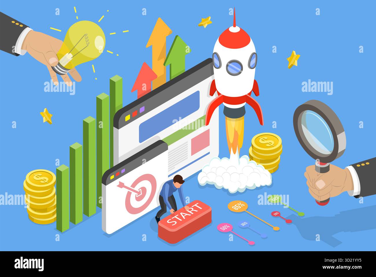 Illustrazione piatta isometrica 3D della strategia di successo aziendale, Startup Web Project Foto Stock