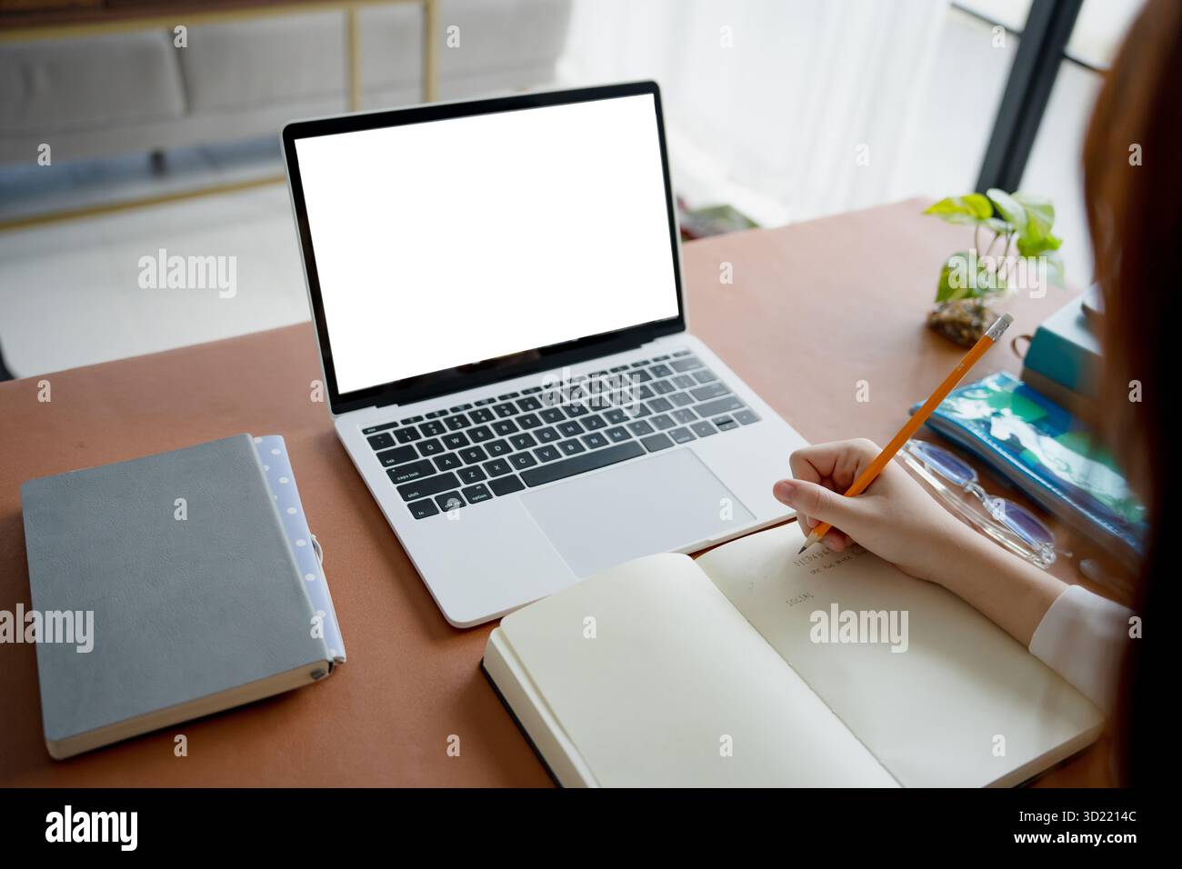 Gli studenti seduti alla scrivania utilizzando un computer portatile con schermo vuoto che lavora in ufficio immagine di mockup computer con schermo vuoto backgroun bianco Foto Stock