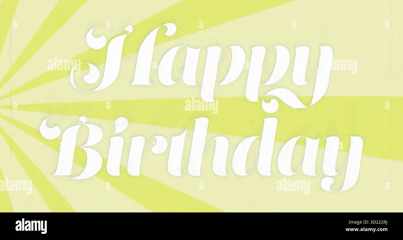 Diffondendo lettere bianche corsive Happy Birthday attraverso l'arte digitale, una raffica radiale color verde lime Foto Stock
