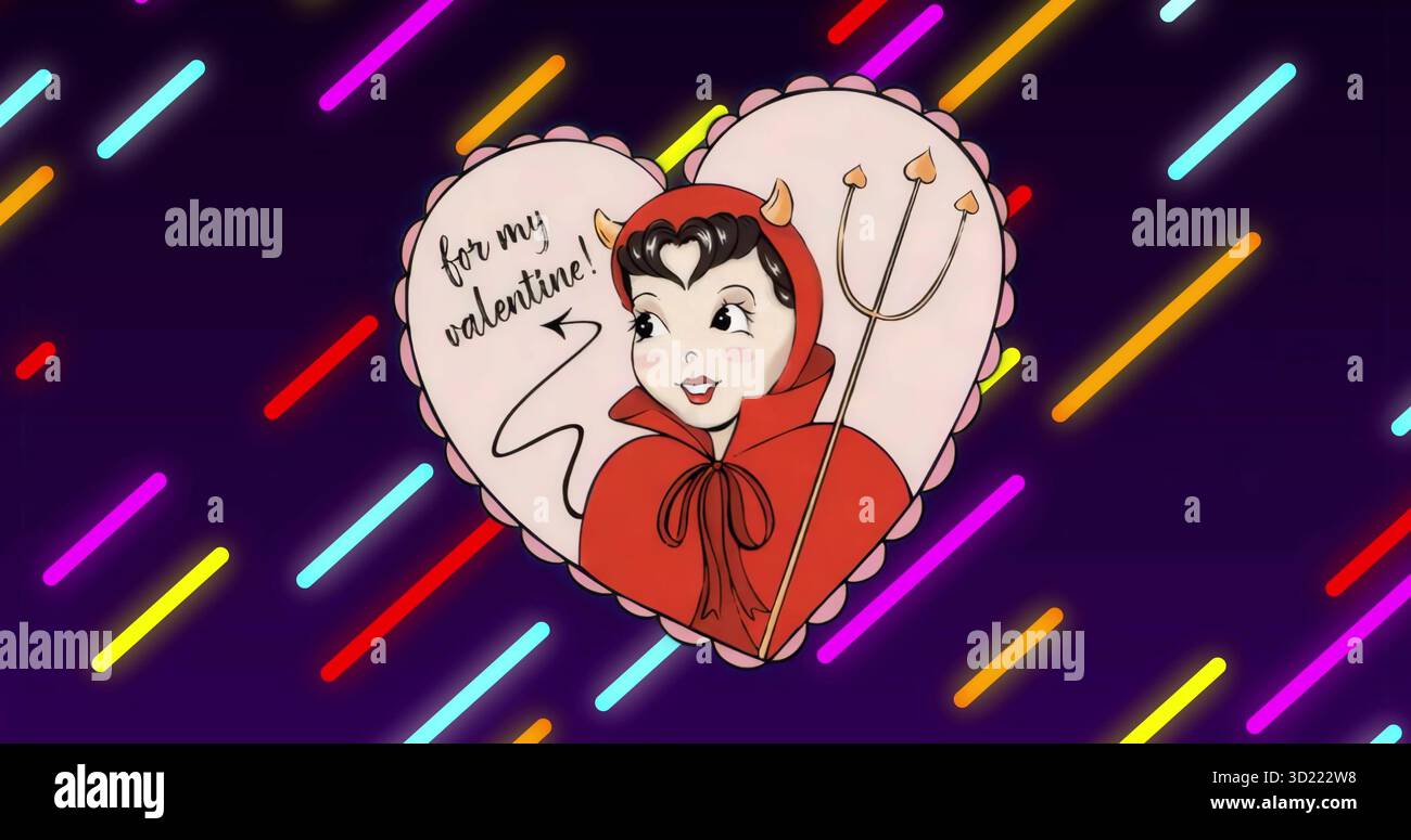 Donna cartoni animati che indossa un mantello demoniaco che tiene il tridente sul cuscino cardiaco in campo viola con linee al neon Foto Stock