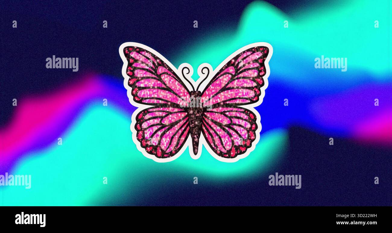 L'adesivo con farfalla glitter rosa risplende sullo sfondo al neon, con forme sfumate ondulate Foto Stock