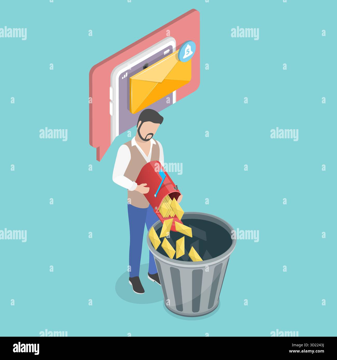 Illustrazione piatta isometrica 3D dell'eliminazione di spam, spam e e-mail non necessarie Foto Stock