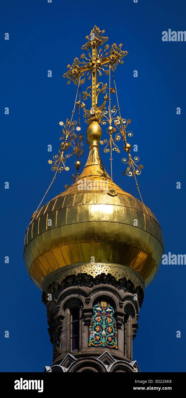 Vergoldete Kuppel der Russischen Kapelle, Mathildenhoehe, Darmstadt, Assia, Germania, Europa Foto Stock